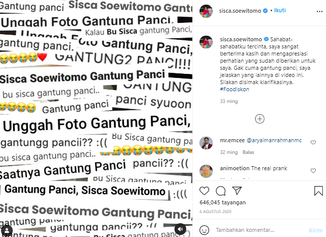 Klarifikasi di Instgaram milik Sisca.