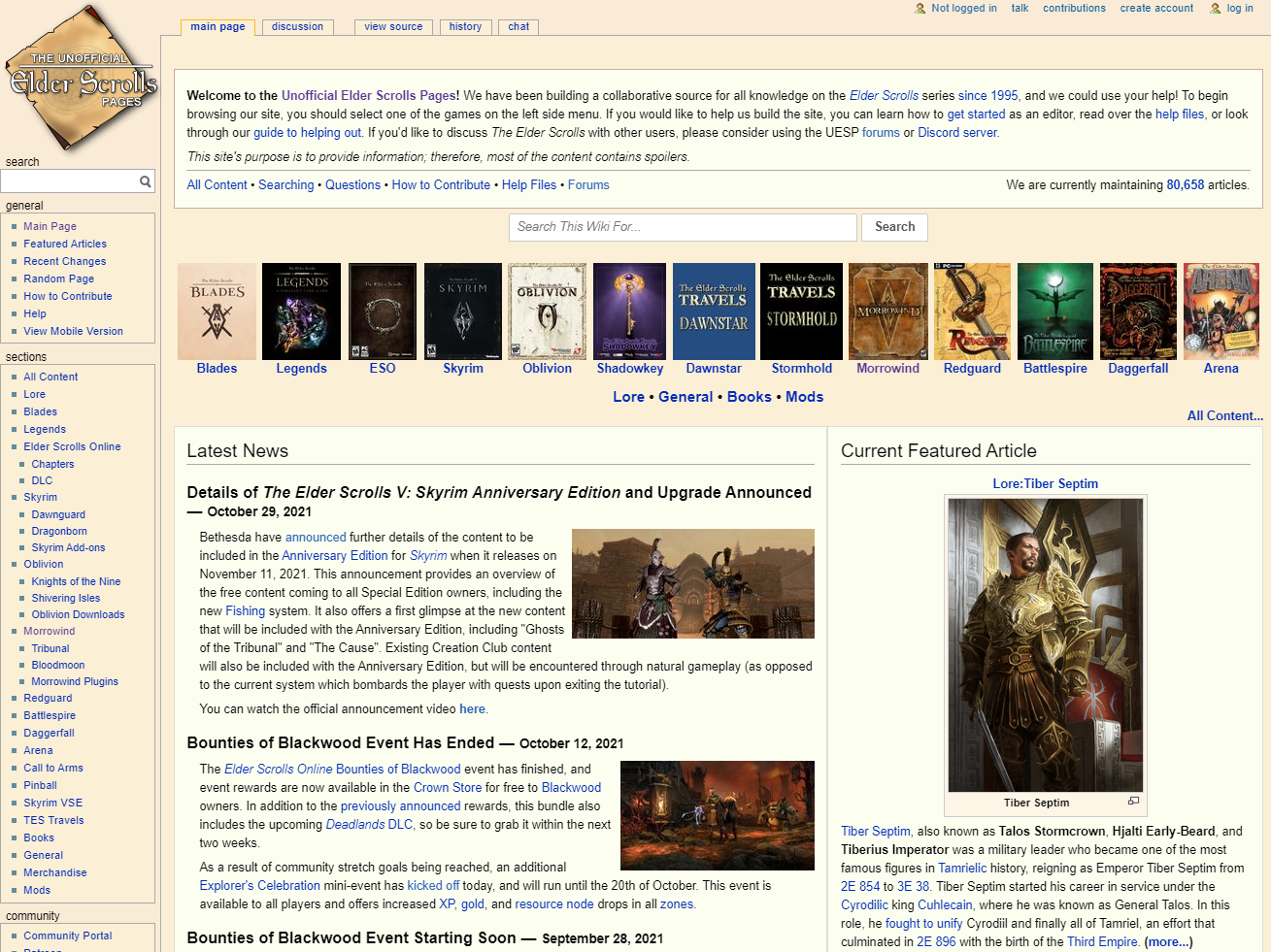 Tampilan awal situs UESP, ensiklopedia daring binaan komunitas The Elder Scrolls. (Tangkapan Layar Pribadi)