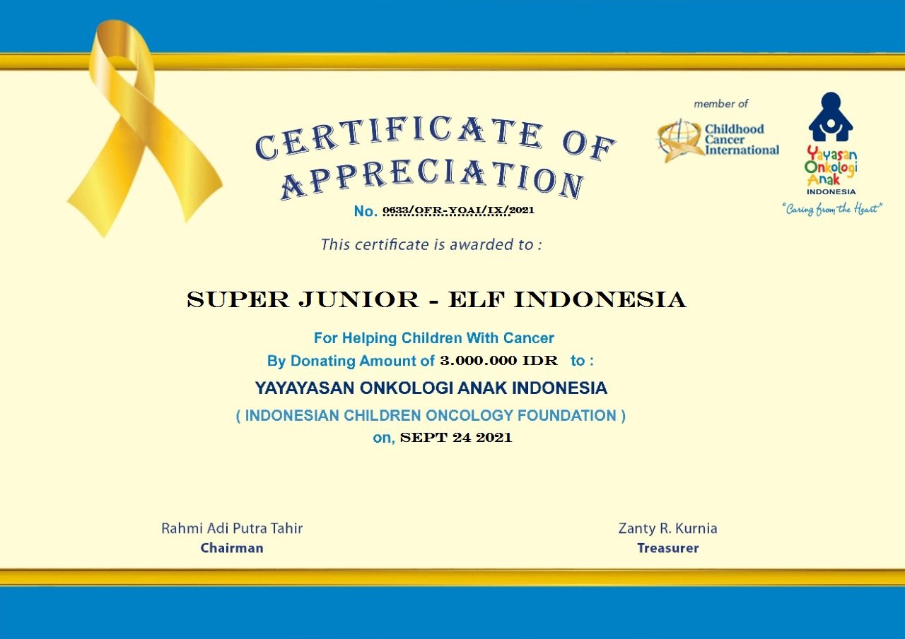 Sertifikat dari Yayasan Onkologi Anak Indonesia untuk SUPER JUNIOR dan ELF Indonesia.