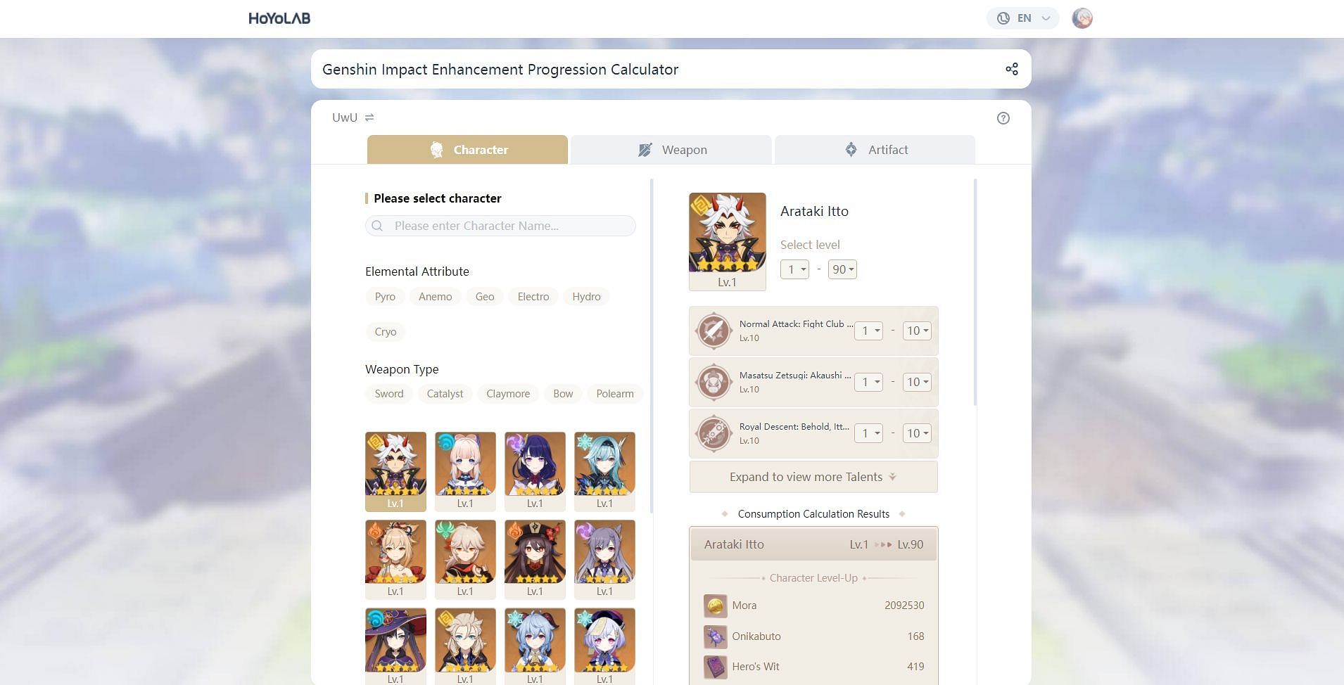 Cara Menggunakan Enhancement Progression Calculator di Genshin Impact