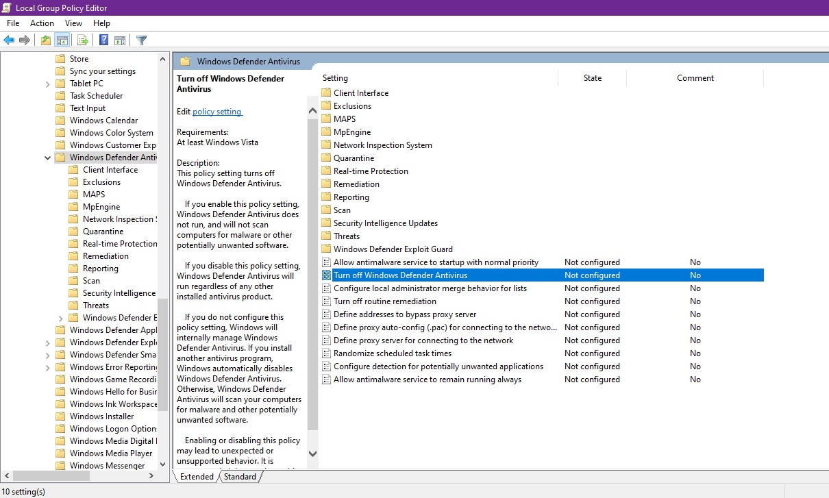 gpedit.msc turn off windows defender antivirus