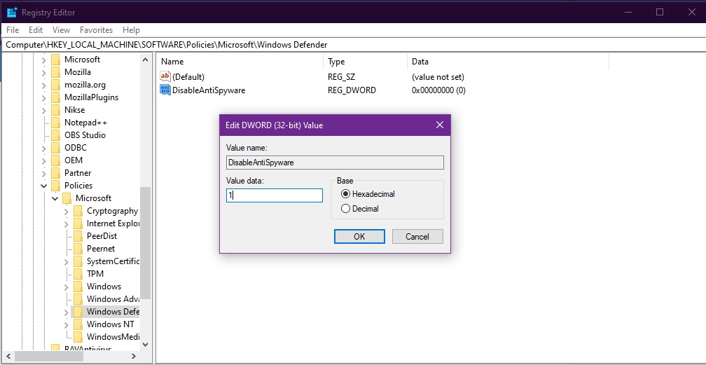 regedit DisableAntiSpyware Value Data
