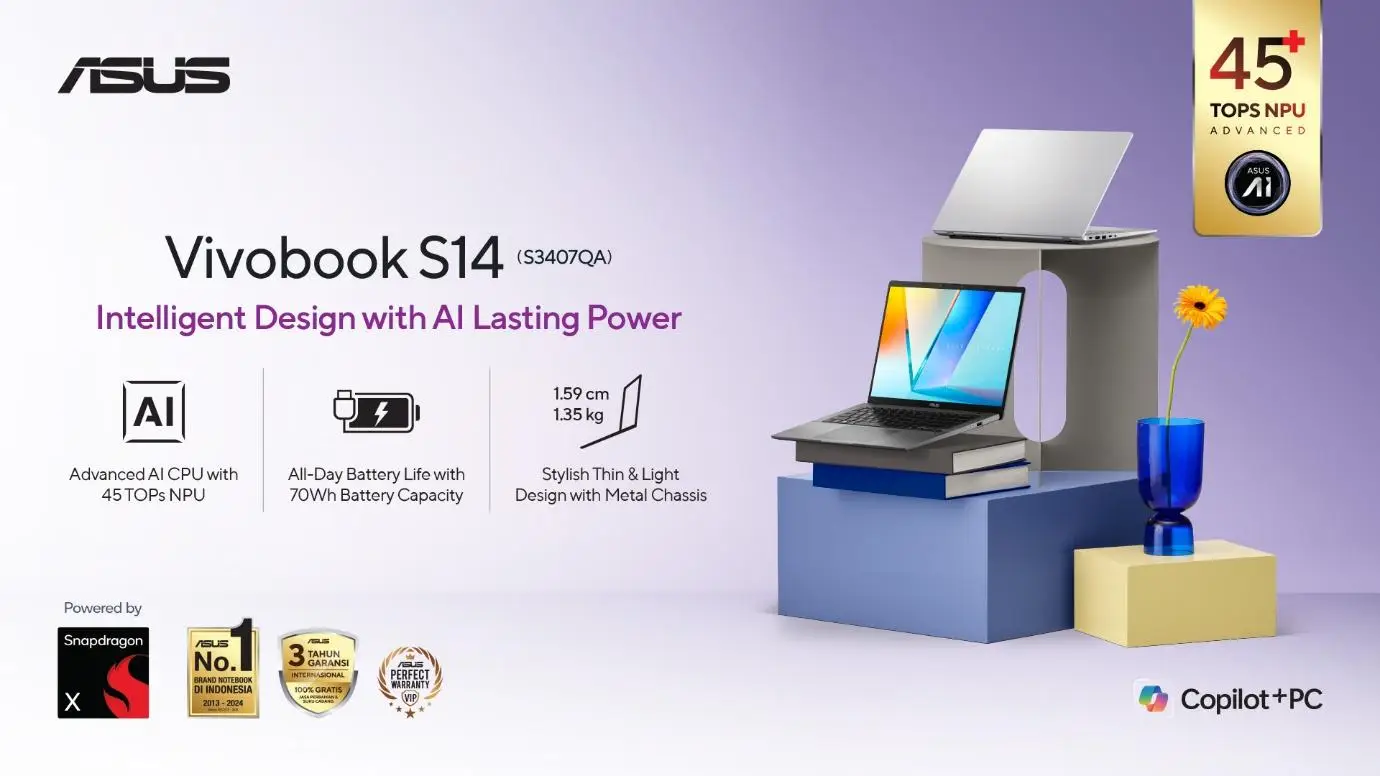 ASUS Vivobook S14 (S3407QA), laptop AI 45+ TOPS Ringan, Tangguh, dan Tahan Seharian