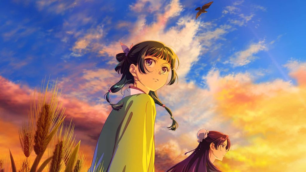 Panduan The Apothecary Diaries: Karakter, Urutan Season, dan Novel 1 Maomao dan Jinshi di padang gandum saat senja dalam key visual anime The Apothecary Diaries Season 3