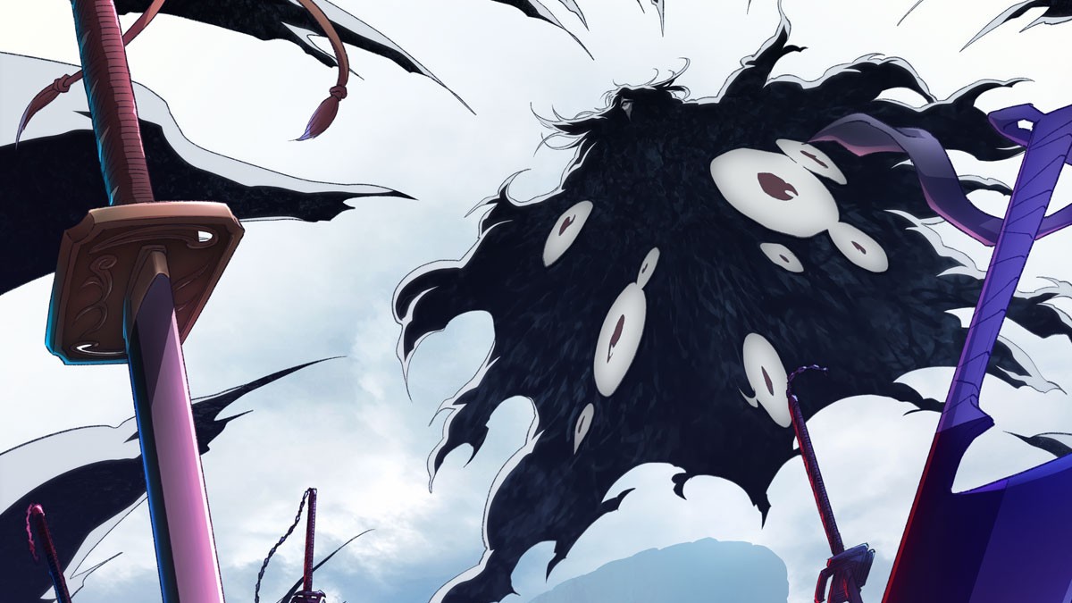 Sosok bayangan hitam bermata banyak melayang di langit di atas pedang-pedang raksasa dalam key visual BLEACH