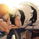 Ichigo Kurosaki bertelanjang dada menerobos reruntuhan dalam key visual BLEACH Thousand-Year Blood War