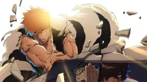 Ichigo Kurosaki bertelanjang dada menerobos reruntuhan dalam key visual BLEACH Thousand-Year Blood War