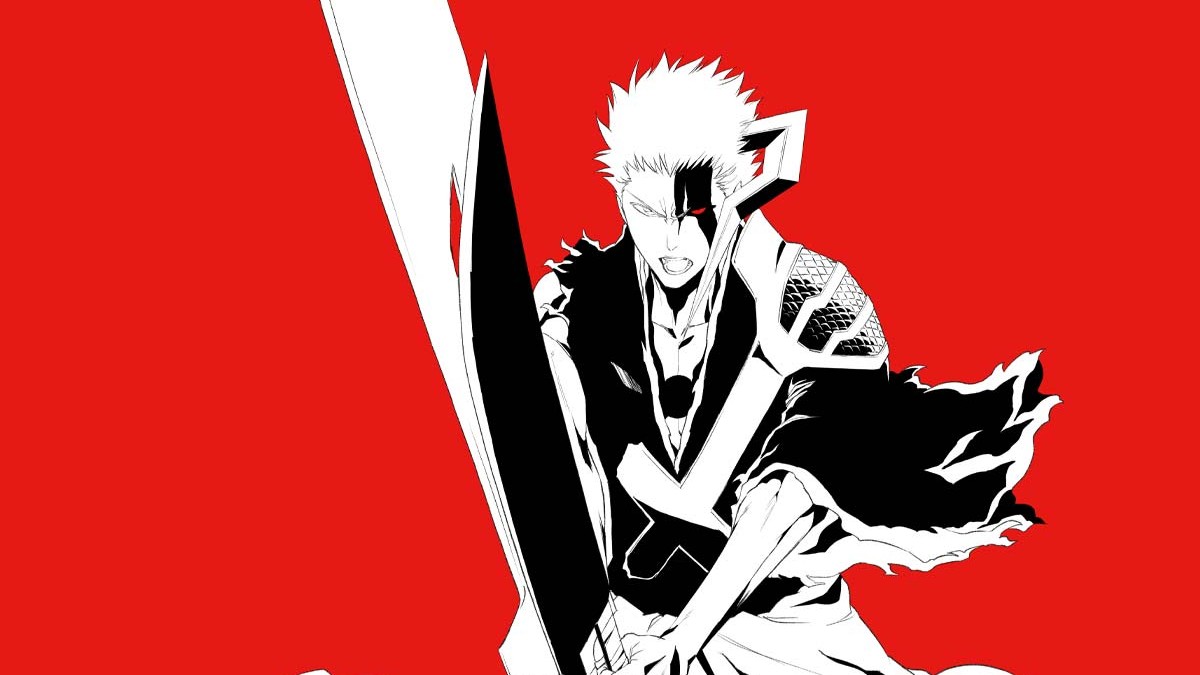Ilustrasi hitam putih Ichigo Kurosaki memegang pedang dengan latar merah dalam key visual BLEACH
