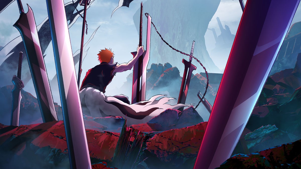 Ichigo Kurosaki berdiri di antara deretan pedang raksasa yang tertancap di medan perang dalam key visual BLEACH