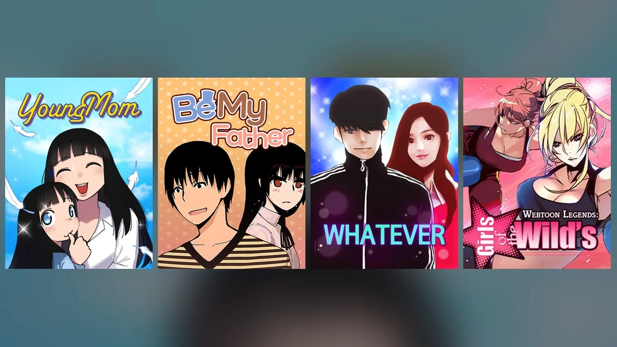 Rekomendasi Manhwa & Webtoon Terbaik 2026 yang Sudah Tamat 4 Sampul webtoon drama Young Mom, Be My Father, WHATEVER, dan Girls of the Wild's