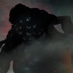 Siluet kaiju raksasa bermata banyak di antara gedung hancur dalam teaser film Kaiju No. 8: The Final Mission