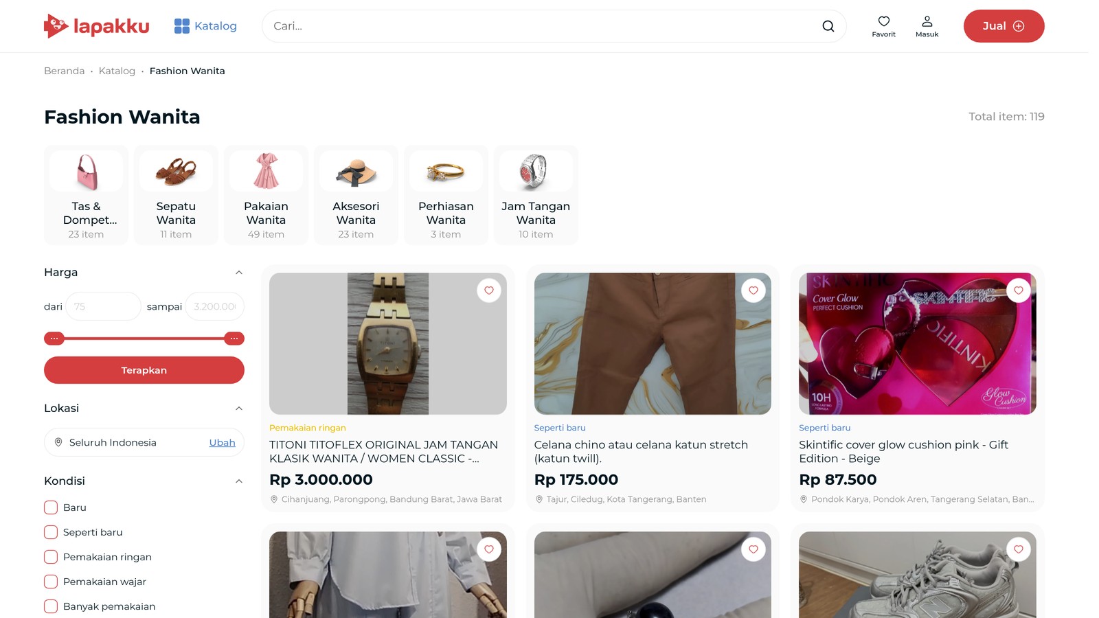 Filter harga, lokasi, dan kondisi barang di Lapakku