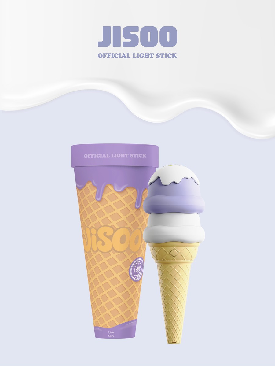 Lightstick resmi Jisoo berbentuk es krim cone ungu dan putih