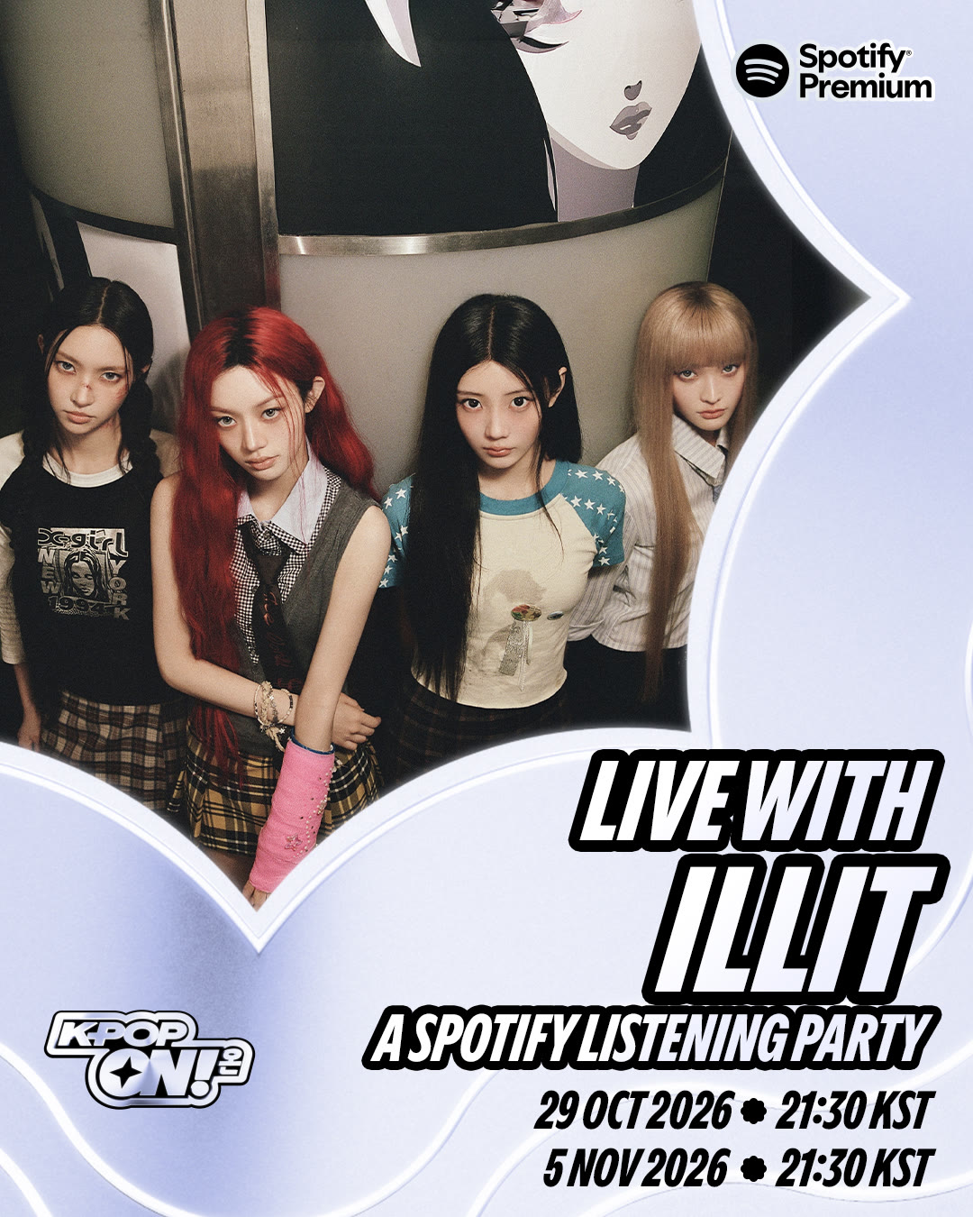 Poster Live with ILLIT A Spotify Listening Party tanggal 29 Oktober dan 5 November 2026