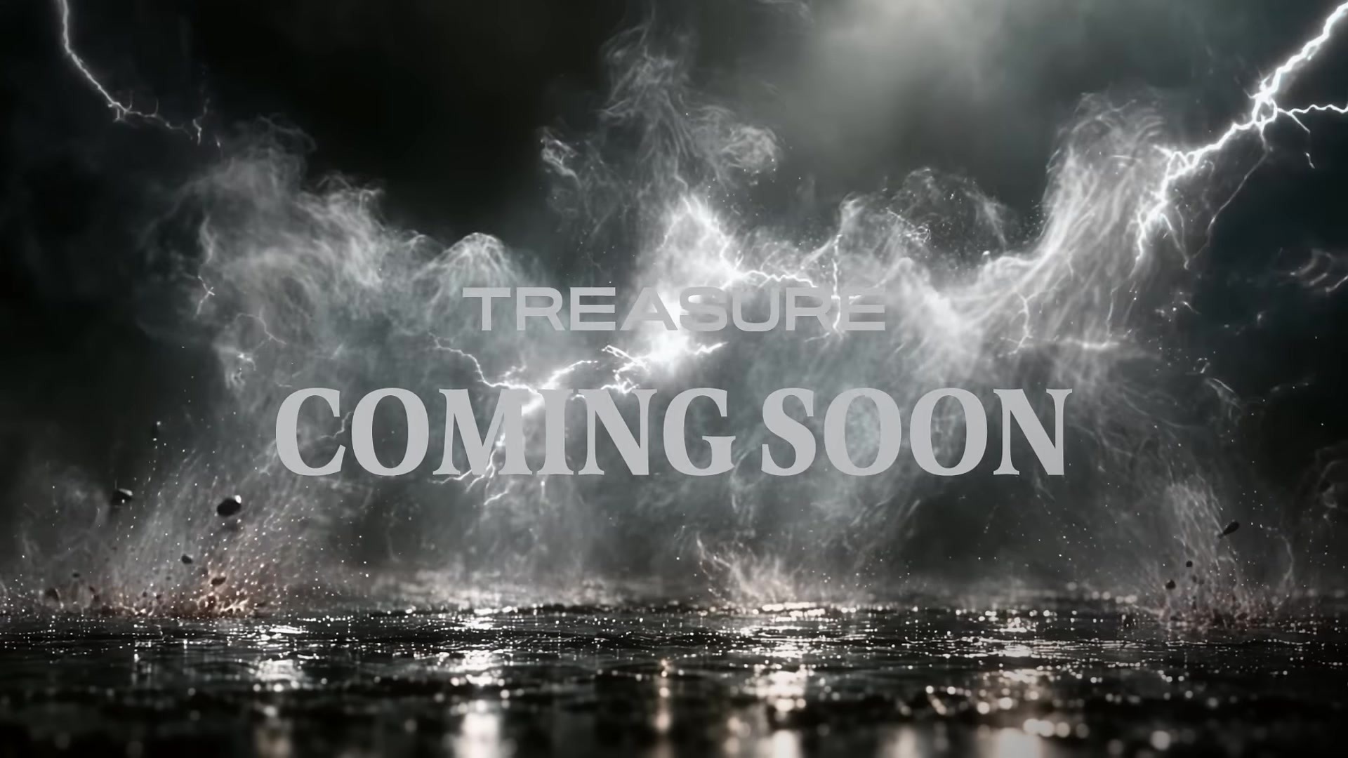 Teaser SHOCK TREASURE dengan badai petir dan tulisan Coming Soon